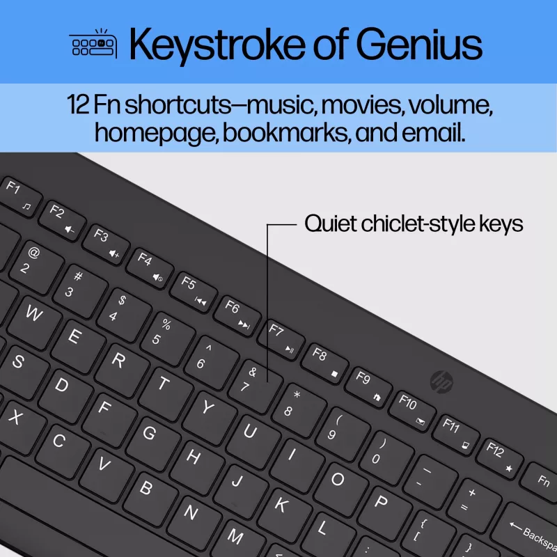 HP 330 juhtmevaba hiire ja klaviatuuri komplekt, täissuuruses (100%), juhtmevaba, RF-juhtmevaba, QWERTY, must, hiir kaasas