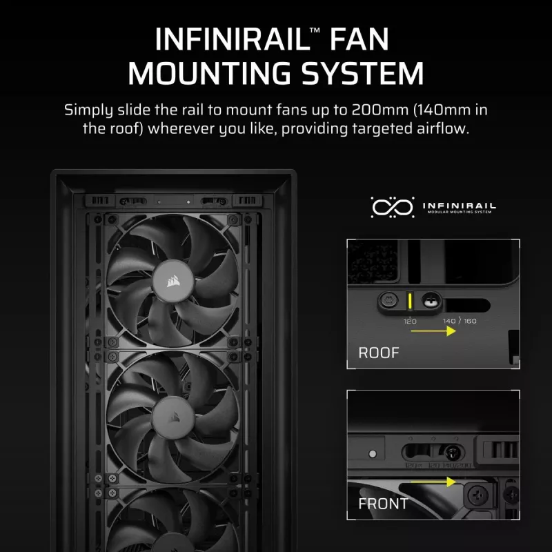 PC Midi Tower korpus CORSAIR FRAME 5000D RS — Must, ATX/EATX tugi, 3x140 mm esiventilaatorit, karastatud klaas, 250×556×542 mm