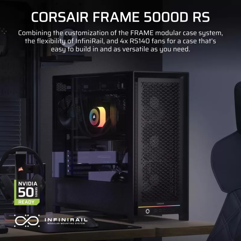 PC Midi Tower korpus CORSAIR FRAME 5000D RS — Must, ATX/EATX tugi, 3x140 mm esiventilaatorit, karastatud klaas, 250×556×542 mm