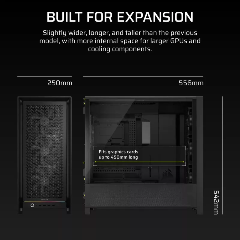 PC Midi Tower korpus CORSAIR FRAME 5000D RS — Must, ATX/EATX tugi, 3x140 mm esiventilaatorit, karastatud klaas, 250×556×542 mm