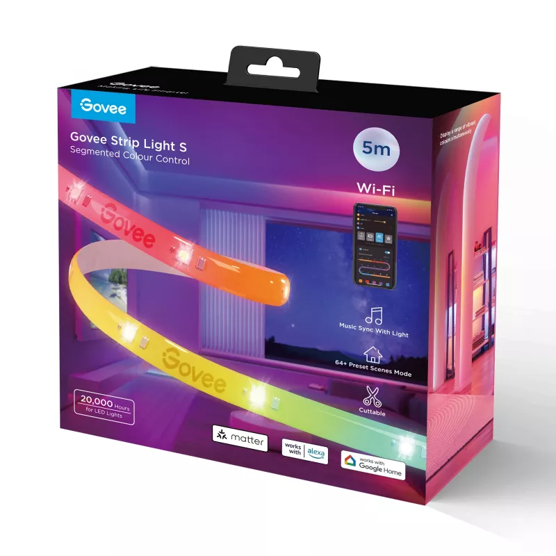 Nutikas LED ribavalgusti Govee Strip Light S 5 m — Wi‑Fi/Bluetooth, RGBIC, 5000 mm, valge