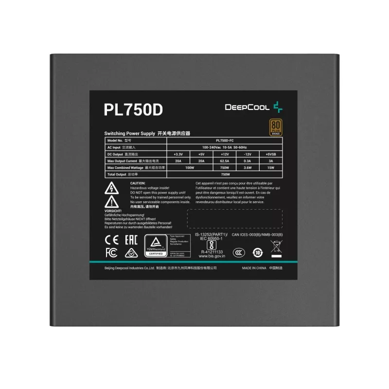 Toiteplokk DeepCool PL750D 750 W ATX 3.0 80 PLUS Bronze, 120 mm ventilaator, 20+4 pin, must