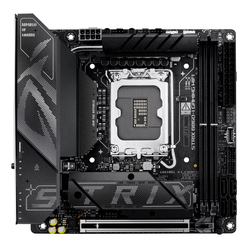 Emaplaat ASUS ROG STRIX B860-I GAMING WIFI — Intel B860, LGA 1851, mini ITX, 2× DDR5 DIMM (kuni 128 GB), Wi‑Fi 7, 2,5 Gb LAN