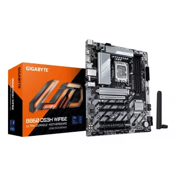 GIGABYTE B860 DS3H WIFI6E emaplaat – Inteli Core Ultra seeria protsessoritele, 8+1+2+2 faasi VRM, kuni 9066 MHz DDR5, 1xPCIe 5.0 + 1xPCIe 4.0 M.2, 2,5GbE LAN, WIFI 6E, USB 3.2 Gen 2x2