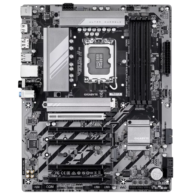 GIGABYTE B860 DS3H WIFI6E emaplaat – Inteli Core Ultra seeria protsessoritele, 8+1+2+2 faasi VRM, kuni 9066 MHz DDR5, 1xPCIe 5.0 + 1xPCIe 4.0 M.2, 2,5GbE LAN, WIFI 6E, USB 3.2 Gen 2x2