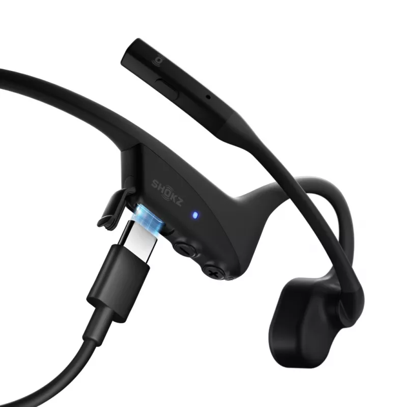 Peakomplekt Shokz OpenComm2 UC 2025 — juhtmevaba luuülekande kõrvakinnitusega peakomplekt, 16 h kõneaeg, USB Type-A/USB-C, ANC, 29 m leviulatus, must