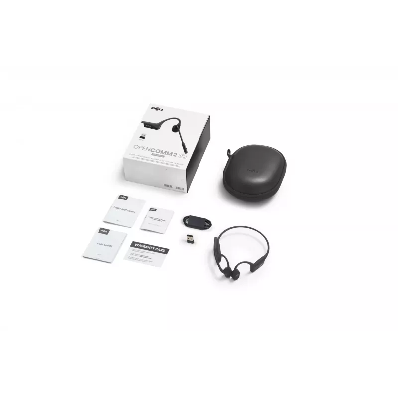 Peakomplekt Shokz OpenComm2 UC 2025 — juhtmevaba luuülekande kõrvakinnitusega peakomplekt, 16 h kõneaeg, USB Type-A/USB-C, ANC, 29 m leviulatus, must