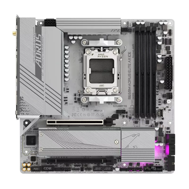 GIGABYTE B650M AORUS ELITE AX ICE emaplaat - AMD Ryzen 9000 seeria protsessoritele, 12+2+2 faasi VRM, kuni 8000 MHz DDR5 (OC), 1xPCIe 5.0 + 1xPCIe 4.0 M.2, 2,5GbE LAN, WIFI 6E, USB 3.2 Gen 2x2