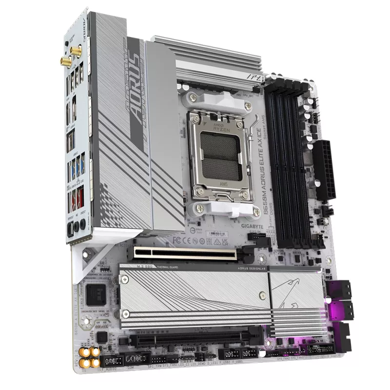 GIGABYTE B650M AORUS ELITE AX ICE emaplaat - AMD Ryzen 9000 seeria protsessoritele, 12+2+2 faasi VRM, kuni 8000 MHz DDR5 (OC), 1xPCIe 5.0 + 1xPCIe 4.0 M.2, 2,5GbE LAN, WIFI 6E, USB 3.2 Gen 2x2