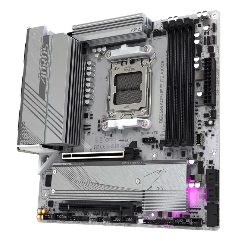 GIGABYTE B650M AORUS ELITE AX ICE emaplaat - AMD Ryzen 9000 seeria protsessoritele, 12+2+2 faasi VRM, kuni 8000 MHz DDR5 (OC), 1xPCIe 5.0 + 1xPCIe 4.0 M.2, 2,5GbE LAN, WIFI 6E, USB 3.2 Gen 2x2