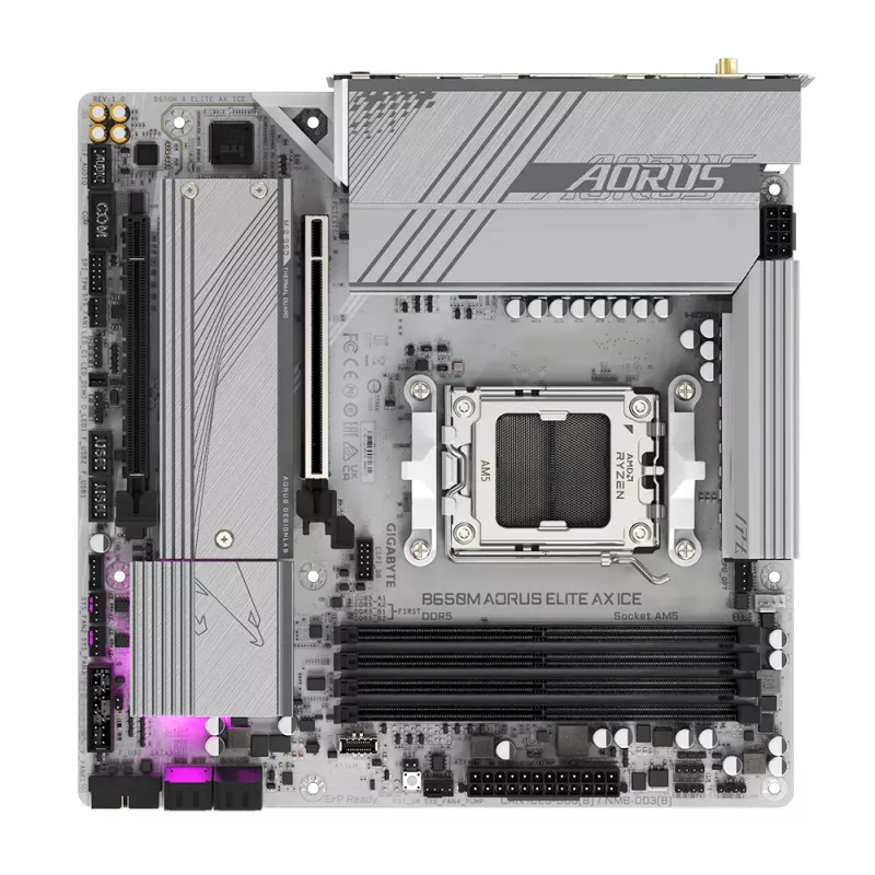 GIGABYTE B650M AORUS ELITE AX ICE emaplaat - AMD Ryzen 9000 seeria protsessoritele, 12+2+2 faasi VRM, kuni 8000 MHz DDR5 (OC), 1xPCIe 5.0 + 1xPCIe 4.0 M.2, 2,5GbE LAN, WIFI 6E, USB 3.2 Gen 2x2