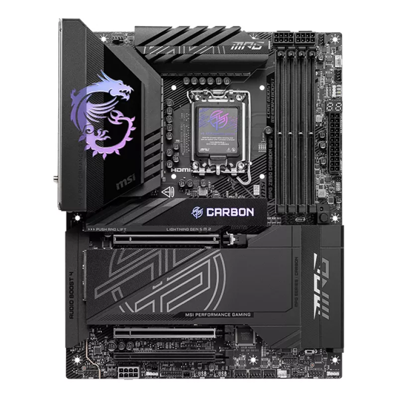 Emaplaat MSI MPG Z890 CARBON WIFI ATX — Intel LGA1851, Z890, DDR5, 4x DIMM, 5x M.2, Wi‑Fi 7, 2,5Gb LAN
