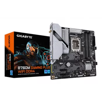 GIGABYTE B760M GAMING PLUS WIFI DDR4 emaplaat - toetab 14. põlvkonna Intel Core protsessoreid, 4+1+1 faasi VRM, kuni 5333 MHz DDR4 (OC), 2xPCIe 4.0 M.2, Wi-Fi 6, 1 GbE LAN, USB 3.2 Gen 1