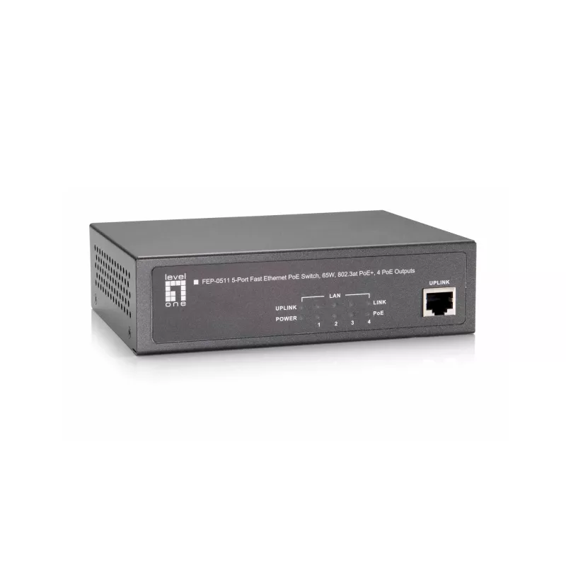 LevelOne 5-pordiline Fast Ethernet PoE-lüliti, 802.3at/af PoE, 4 PoE väljundit, 65 W