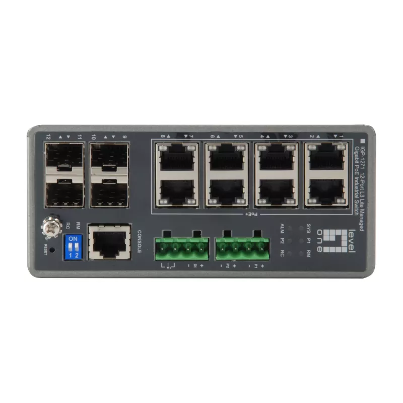 LevelOne TURING 12-pordiline L3 Lite hallatav Gigabit tööstuslik kommutaator, 8 PoE väljundit, 240 W, 802.3at/af PoE, 4 × SFP, -40 °C kuni 75 °C