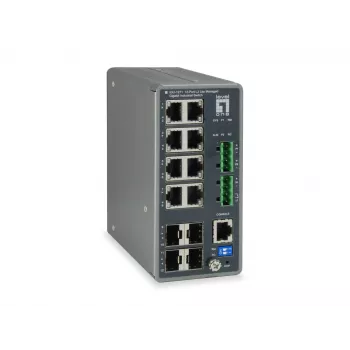 LevelOne TURING 12-Port L3 Lite hallatav gigabit-tööstuslüliti, 4 x SFP, DIN-liistule, -40 °C kuni 75 °C