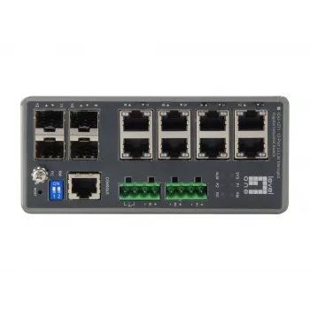LevelOne TURING 12-Port L3 Lite hallatav gigabit-tööstuslüliti, 4 x SFP, DIN-liistule, -40 °C kuni 75 °C