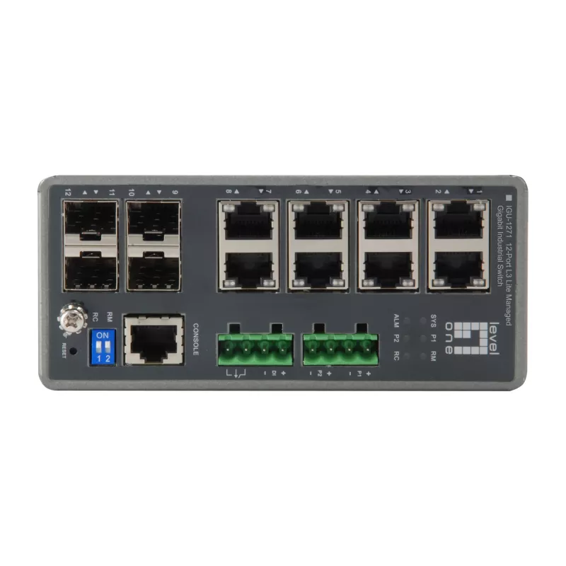 LevelOne TURING 12-Port L3 Lite hallatav gigabit-tööstuslüliti, 4 x SFP, DIN-liistule, -40 °C kuni 75 °C