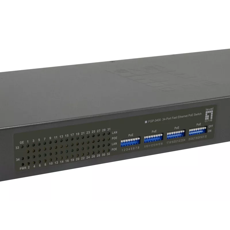 LevelOne 34-pordiline kiire Etherneti PoE-lüliti, 802.3at/af PoE, 32 PoE-väljundit, 2 x Gigabit RJ45, 380W