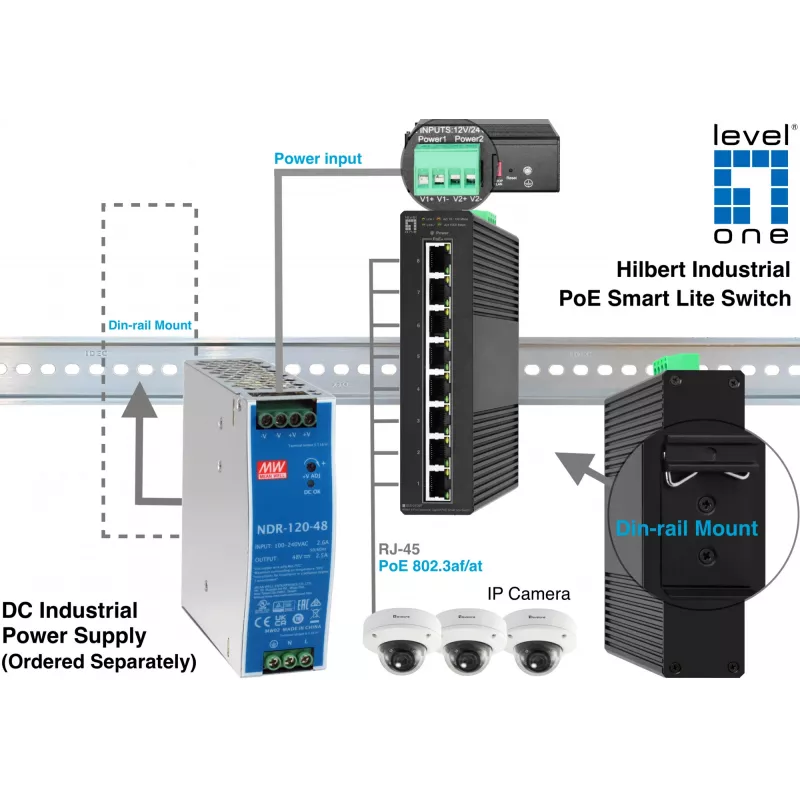 Hallatav kommutaator LevelOne Hilbert 8-pordiline tööstuslik Gigabit PoE nutikas lite-kommutaator