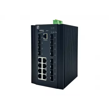 LevelOne 20-pordiline L2 Plus hallatav tööstuslik kommutaator, 8 x 1 GbE RJ45, 8 x 1 GbE SFP, 4 x 1/2,5 GbE SFP, DIN-liist, -40 °C kuni 80 °C
