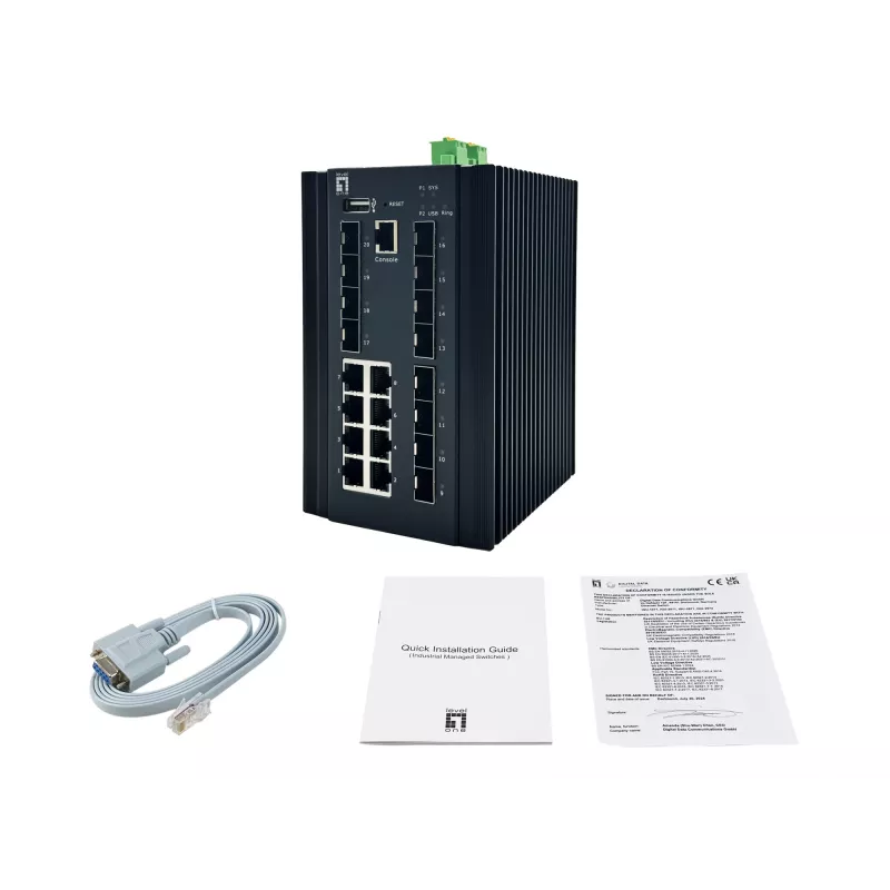 LevelOne 20-pordiline L2 Plus hallatav tööstuslik kommutaator, 8 x 1 GbE RJ45, 8 x 1 GbE SFP, 4 x 1/2,5 GbE SFP, DIN-liist, -40 °C kuni 80 °C