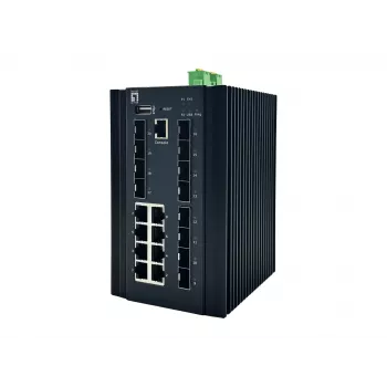 LevelOne 20-pordiline L2 Plus hallatav tööstuslik kommutaator, 8 x 1GbE RJ45, 8 x 1GbE SFP, 4 x 1/2.5/10GbE SFP+, DIN-liist, -40 °C kuni 80 °C