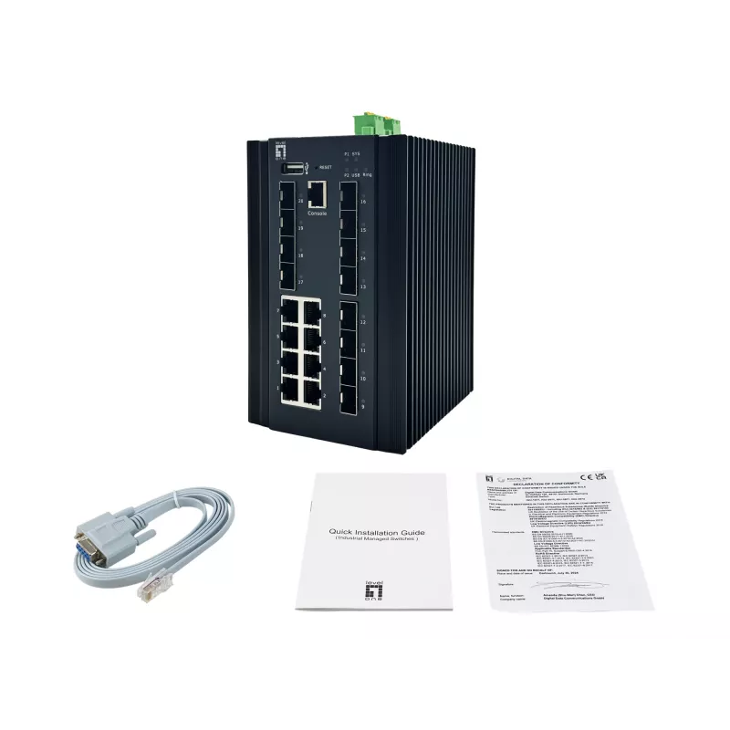 LevelOne 20-pordiline L2 Plus hallatav tööstuslik kommutaator, 8 x 1GbE RJ45, 8 x 1GbE SFP, 4 x 1/2.5/10GbE SFP+, DIN-liist, -40 °C kuni 80 °C