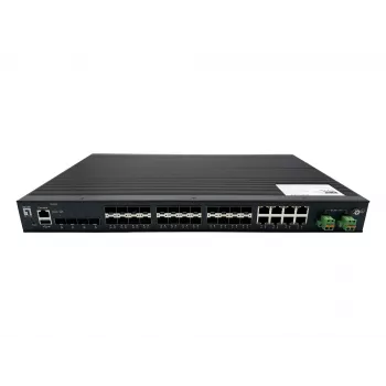 LevelOne 28-pordiline L2 Plus hallatav gigabitine kiudoptiline tööstuslik lüliti, 4x 1,25/2,5GbE SFP, 16x 1,25GbE SFP, 8x gigabitine SFP/RJ45 komboport, koondatud toiteplokk, -40 °C kuni 80 °C