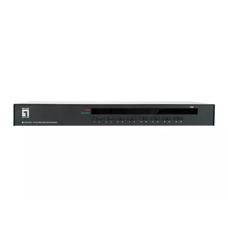 LevelOne 16-pordiline PS/2-USB VGA KVM-lüliti, 2048 x 1536 pikslit, rack-paigaldus, 1U, must