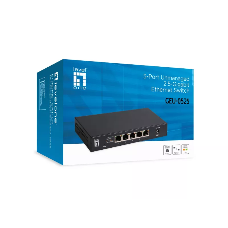 5-Pordine Haldamata 2,5G Etherneti lüliti LEVELONE GEU-0525 — 5× 2,5G RJ-45, haldamata, 25 Gbit/s kommutatsioonivõime, seinale paigaldatav