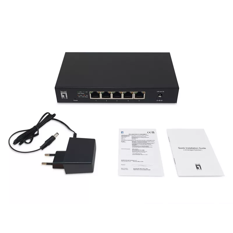 5-Pordine Haldamata 2,5G Etherneti lüliti LEVELONE GEU-0525 — 5× 2,5G RJ-45, haldamata, 25 Gbit/s kommutatsioonivõime, seinale paigaldatav