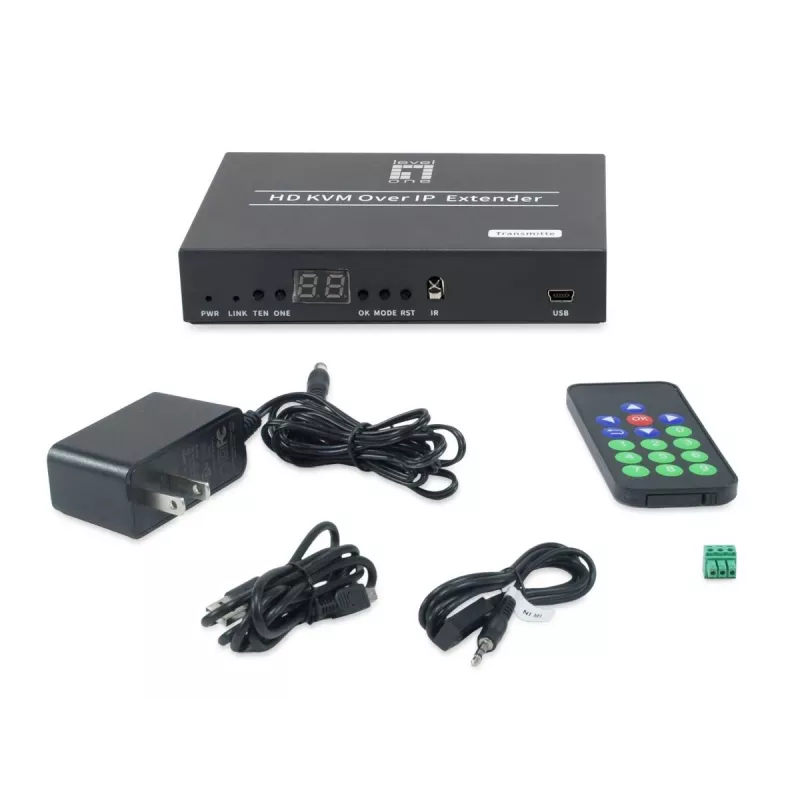 AV-saatja LEVELONE HVE-6701T — HDMI 1.3b, kuni 1920×1080, Cat5e/Cat6/Cat7, Mini‑USB, 12 V DC