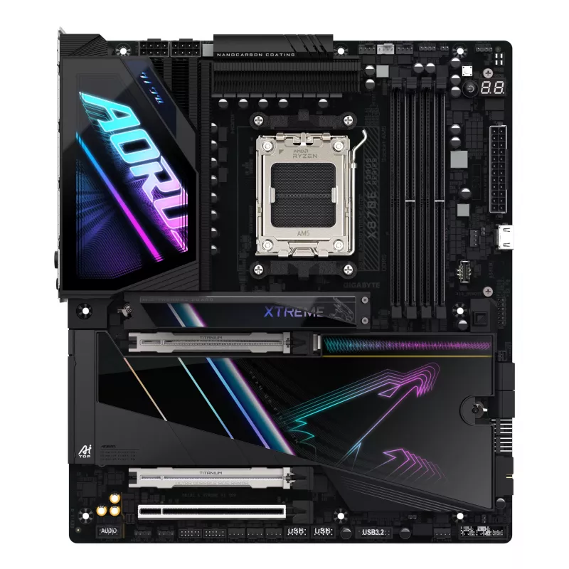 GIGABYTE X870E AORUS XTREME AI TOP emaplaat – toetab AMD Ryzen 9000 seeria protsessoreid, 18+2+2 faasi VRM, kuni 8800MHz DDR5 (OC), 1xPCIe 5.0 M.2 + 3xPCIe 4.0 M.2, WI-FI 7, 10GbE LAN, USB 4