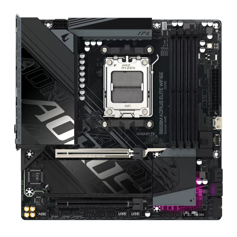 GIGABYTE B850M AORUS ELITE WIFI6E emaplaat – AMD Ryzen 9000 seeria protsessoritele, 12+2+2 faasi digitaalne VRM, kuni 8200 MHz DDR5 (OC), 1xPCIe 5.0 + 1xPCIe 4.0 M.2, WIFI 6E, 2.5GbE LAN, USB 3.2 Gen 2