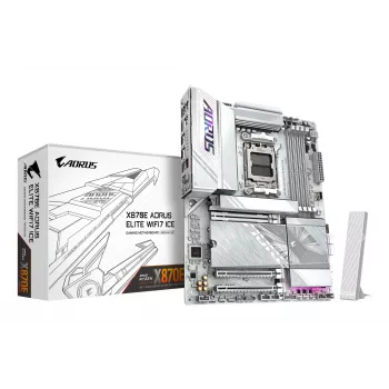 GIGABYTE X870E AORUS ELITE WIFI7 ICE emaplaat – toetab AMD Ryzen 9000 protsessoreid, 16+2+2 faasi digitaalne VRM, kuni 8200 MHz DDR5 (OC), 3xPCIe 5.0 + 1xPCIe 4.0, Wi-Fi 7, 2.5GbE LAN, USB 4