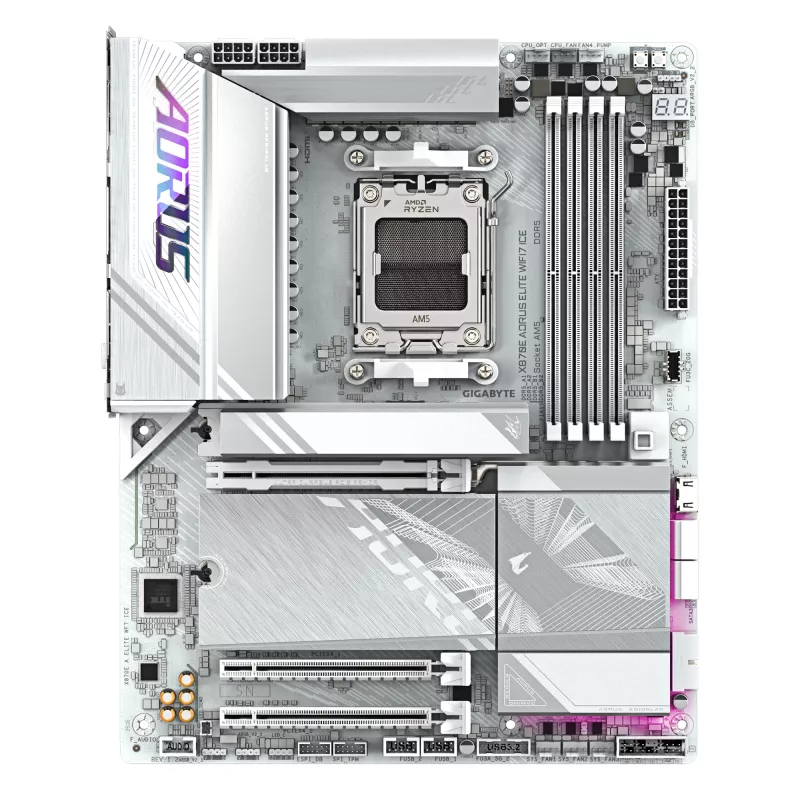 GIGABYTE X870E AORUS ELITE WIFI7 ICE emaplaat – toetab AMD Ryzen 9000 protsessoreid, 16+2+2 faasi digitaalne VRM, kuni 8200 MHz DDR5 (OC), 3xPCIe 5.0 + 1xPCIe 4.0, Wi-Fi 7, 2.5GbE LAN, USB 4