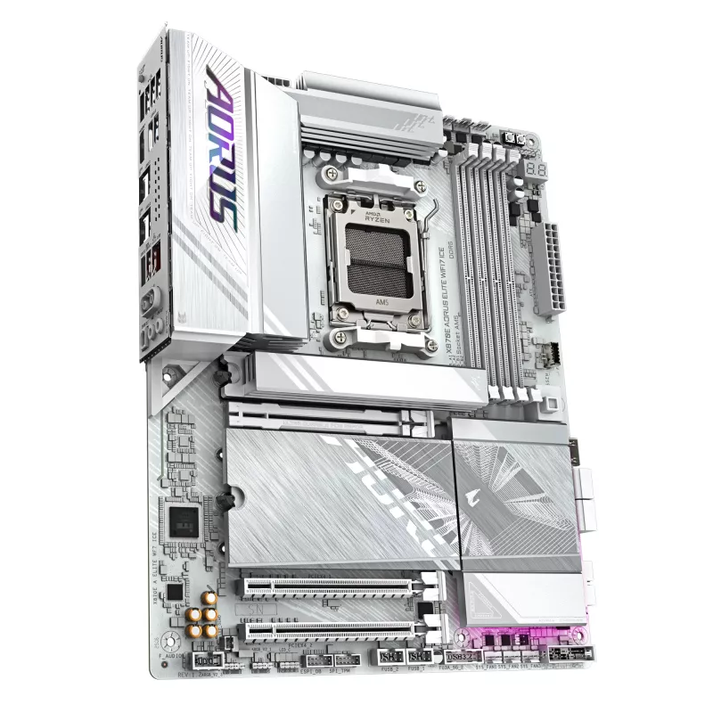 GIGABYTE X870E AORUS ELITE WIFI7 ICE emaplaat – toetab AMD Ryzen 9000 protsessoreid, 16+2+2 faasi digitaalne VRM, kuni 8200 MHz DDR5 (OC), 3xPCIe 5.0 + 1xPCIe 4.0, Wi-Fi 7, 2.5GbE LAN, USB 4