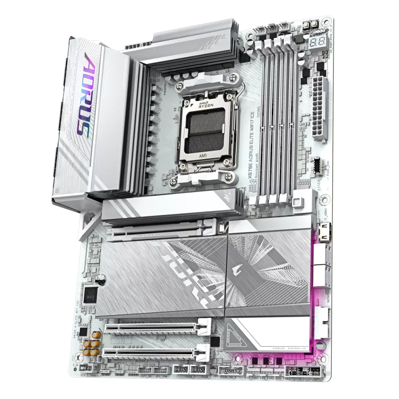 GIGABYTE X870E AORUS ELITE WIFI7 ICE emaplaat – toetab AMD Ryzen 9000 protsessoreid, 16+2+2 faasi digitaalne VRM, kuni 8200 MHz DDR5 (OC), 3xPCIe 5.0 + 1xPCIe 4.0, Wi-Fi 7, 2.5GbE LAN, USB 4
