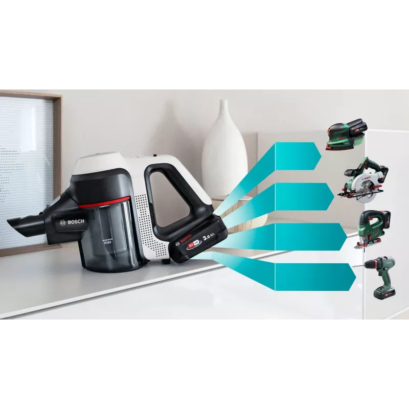 Bosch BSS711W ridavakum/elektrihari Aku Kuiv Kotita 0,3 L Must, Hõbedane, Valge