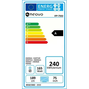 AG Neovo IFP-7502 interaktiivne lameekraan 189,2 cm (74,5 tolli) LCD Wi-Fi 350 cd/m² 4K Ultra HD Must Puuteekraan Sisseehitatud protsessor Android 8.0