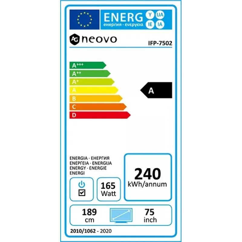 AG Neovo IFP-7502 interaktiivne lameekraan 189,2 cm (74,5 tolli) LCD Wi-Fi 350 cd/m² 4K Ultra HD Must Puuteekraan Sisseehitatud protsessor Android 8.0