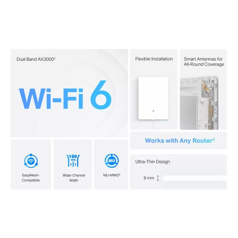 TP-Link Archer AX3000 kaheribaline Wi-Fi 6 õhu leviala laiendaja, võrgurepiiter, 2976 Mbit/s, valge, seinale, FCC, RoHS, 12 V