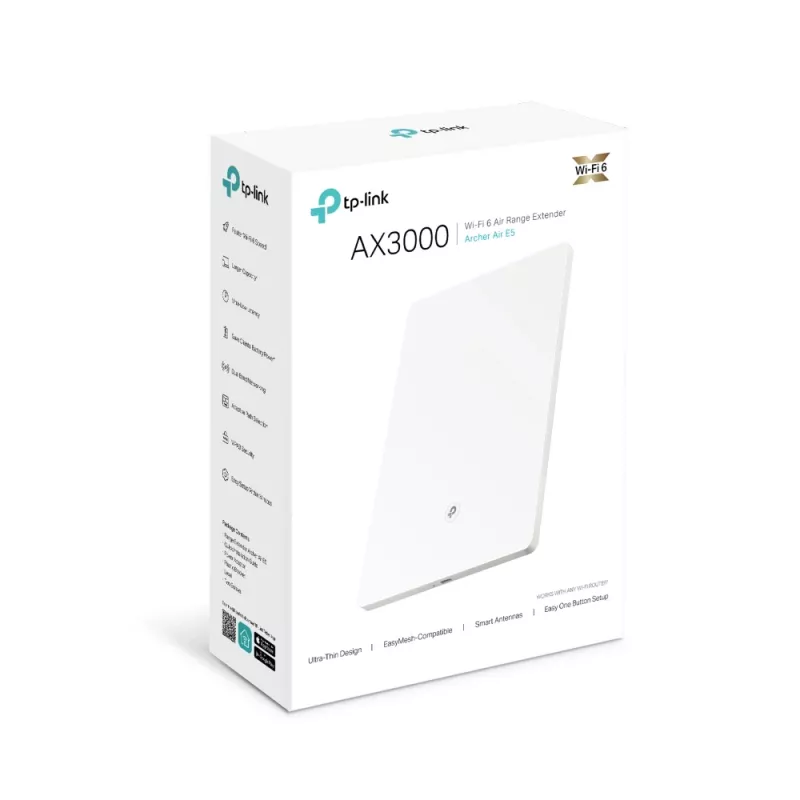 TP-Link Archer AX3000 kaheribaline Wi-Fi 6 õhu leviala laiendaja, võrgurepiiter, 2976 Mbit/s, valge, seinale, FCC, RoHS, 12 V
