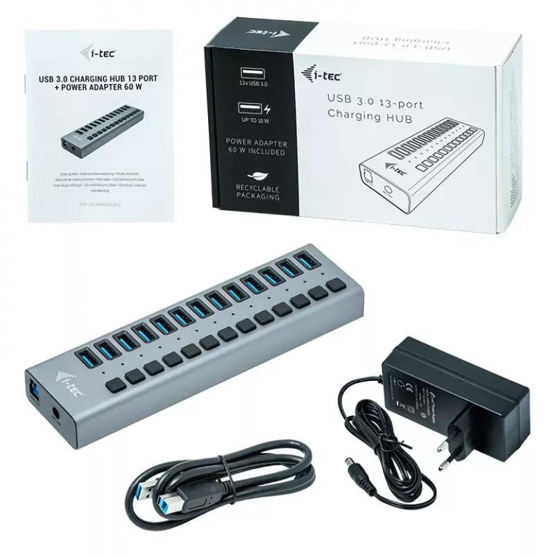 i-tec USB 3.0 laadimise HUB 13port + toiteadapter 60 W