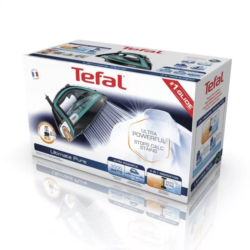 Tefal Ultimate Pure FV9844 Kuiv- ja aurutriikraud Durilium Autoclean tallaga 3200 W Must, Sinine