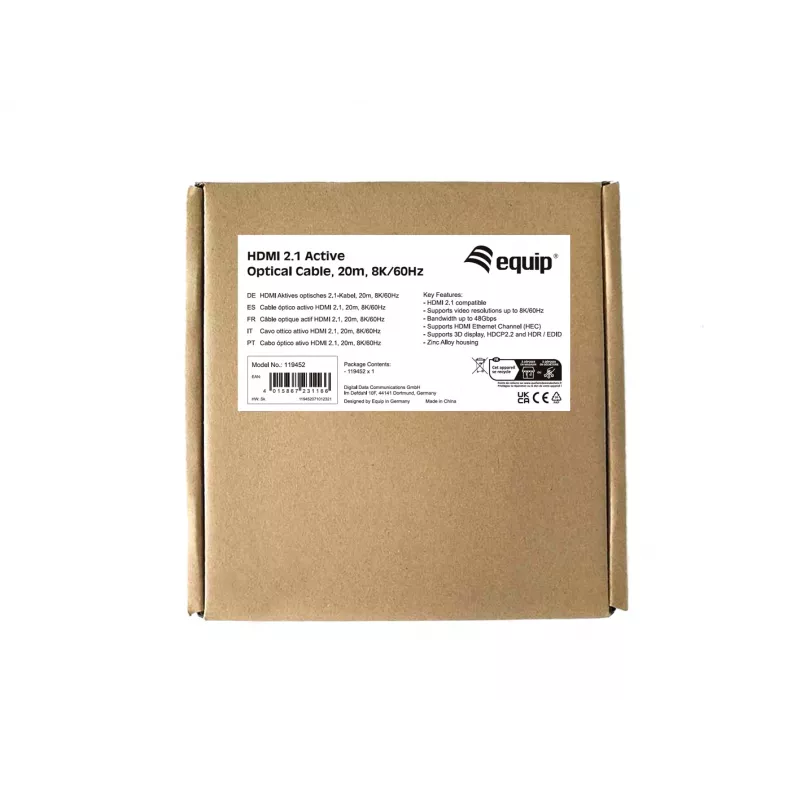 Equip HDMI 2.1 aktiivne optiline kaabel, 20 m, 8K/60Hz, 20 m, HDMI Type A (Standard), HDMI Type A (Standard), 3D, heli tagasikanali tugi (ARC), must
