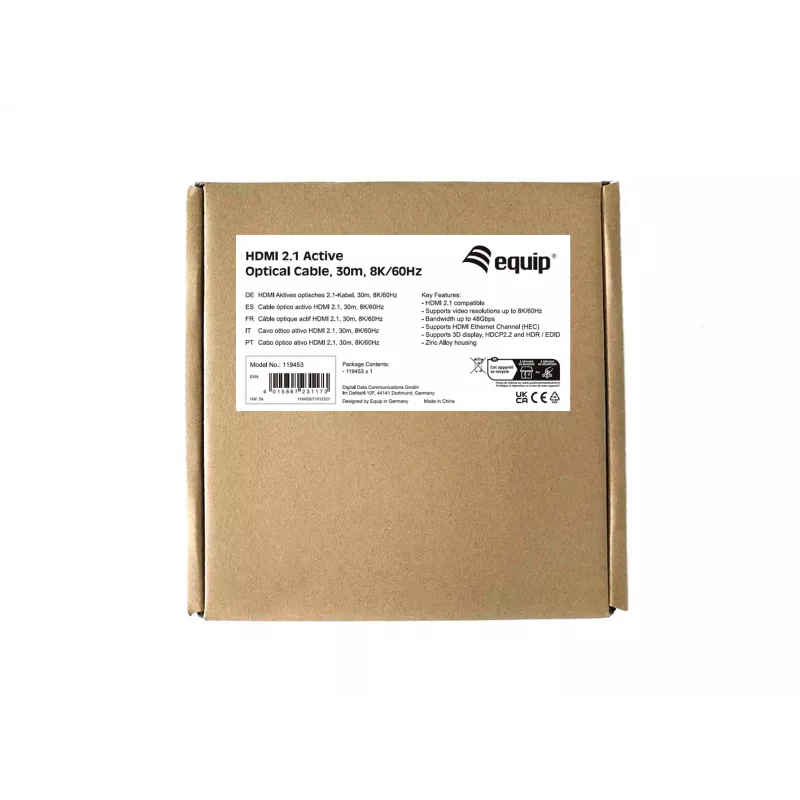 Equip HDMI 2.1 aktiivne optiline kaabel, 30 m, 8K/60Hz, 30 m, HDMI tüüp A (standard), HDMI tüüp A (standard), 3D, heli tagasikanal (ARC), must