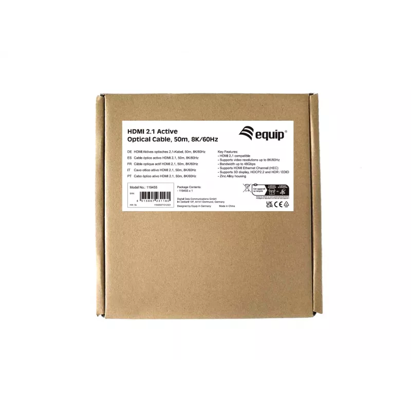 Equip HDMI 2.1 aktiivne optiline kaabel, 50m, 8K/60Hz, 50 m, HDMI tüüp A (standard), HDMI tüüp A (standard), 3D, heli tagasikanal (ARC), must