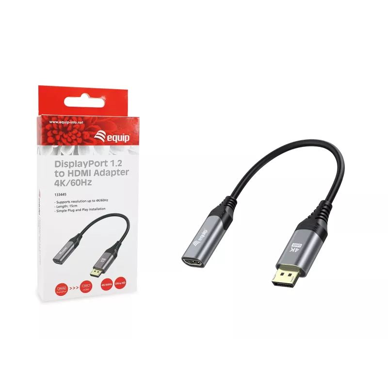 Equip DisplayPort 1.2 HDMI-adapter, 4K/60 Hz, 0,15 m, DisplayPort, HDMI, isane, emane, sirge